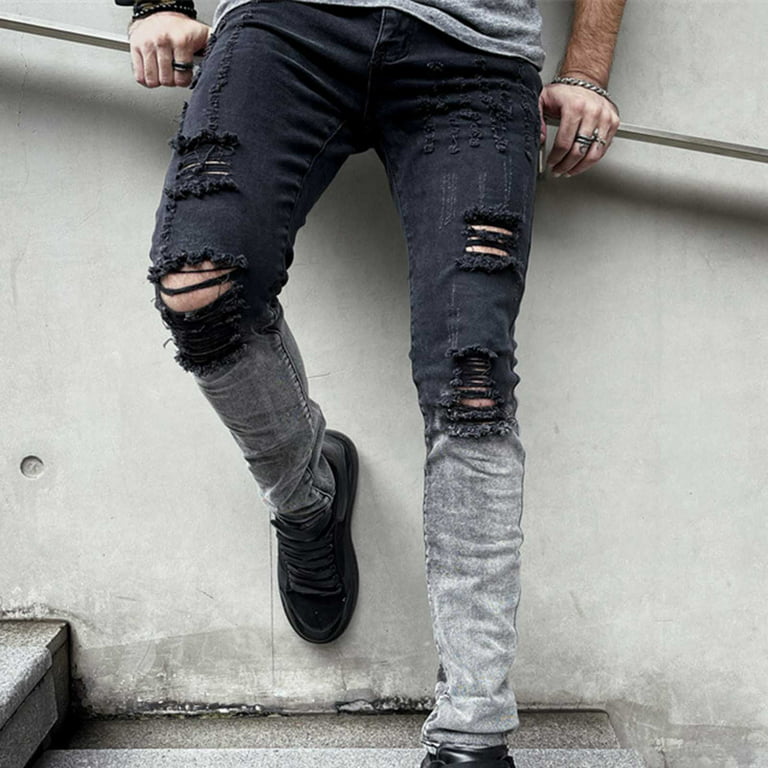 Men's Stretchy Ripped Jeans Destroyed Slim Fit Straight Leg Denim Jeans Fashion Design Streetwear Skinny Denim Trousers - Walmart.com