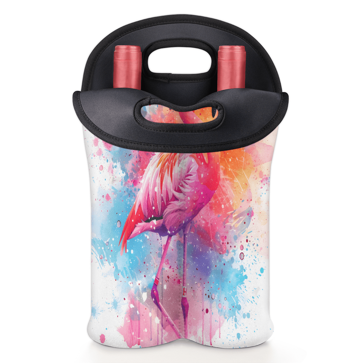 Jiaoprinted Watercolor Flamingo 2-Bottle Neoprene Wine Bag Water Bottle Carry Tote, Reusable Wine Bottle Protective Travel Bag for Women Men, Pink Flamingo