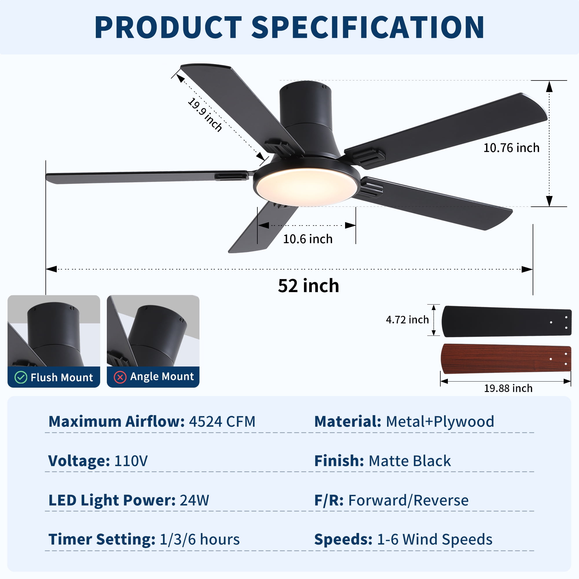 Leumius 52" Ceiling Fan with Lights and Remote, Mordern Minimalism Black Flush Mount Ceiling Fan with Light and Double-Sized Blades for Living Room Bedroom