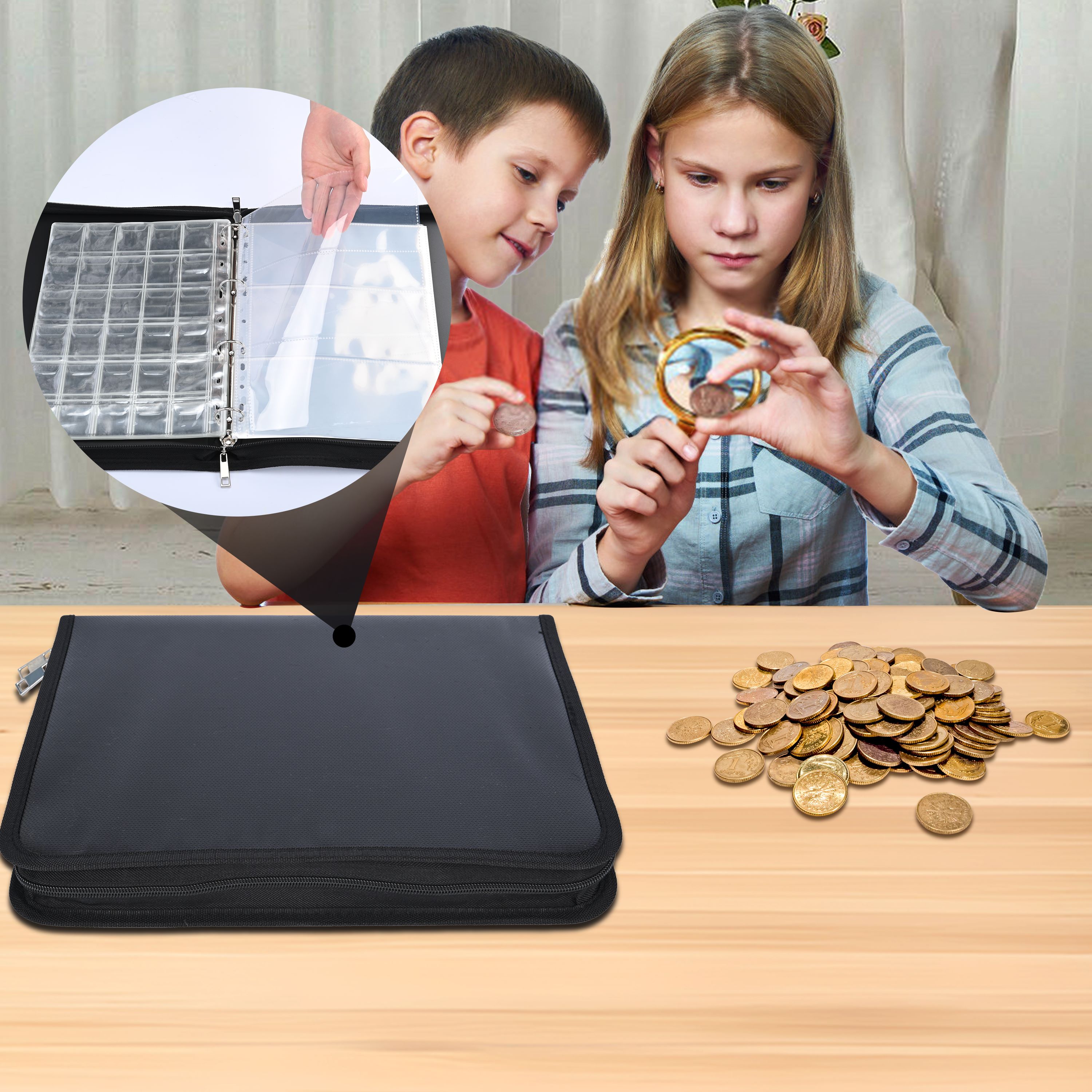 Gomok Coin Collection Book Holders, 300 Pockets Fireproof Coins Collection Album & 36 Sleeves Paper Money Display Storage Case