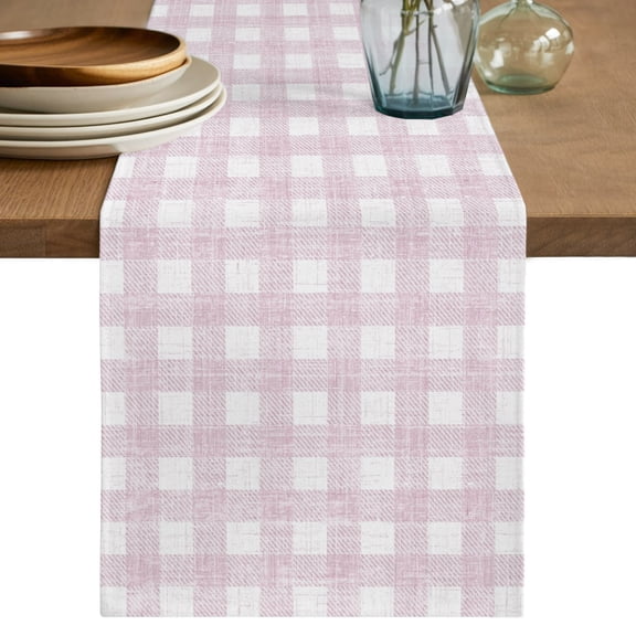 Pink Buffalo Plaid Table Runner 120 Inches Long,Farmhouse Checked Vintage Geometric Art Cotton Linen Table Runners Dresser Scarves,Fabric Tabletop Scarf Furniture Cover for Home Dinner Party 13"x120"