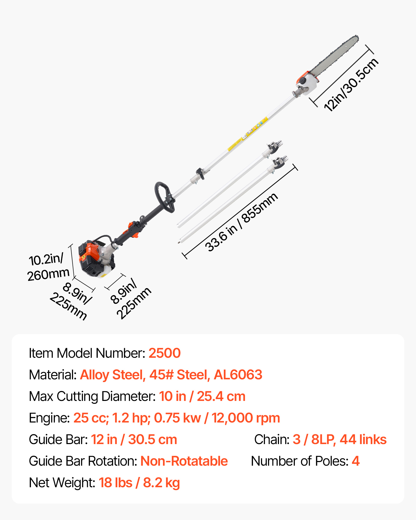 VEVOR Gas Pole Saw, 25CC 2 Stroke Gas Powered Pole Saws with 12 in Cutting Bar, Cordless Tree Trimmer with 23 fl.oz Fuel Tank, 7 to 12 ft Extendable, Powerful Chainsaw for Tree Trimming Pruning