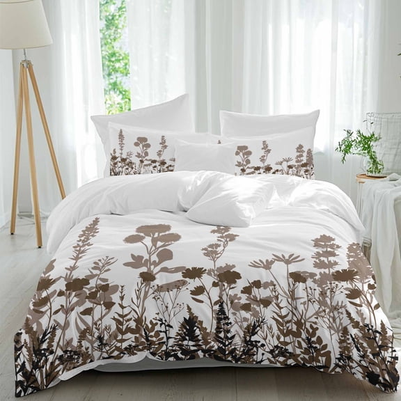 3 Piece Brown Flowers Duvet Cover Set Queen Size,Microfiber Comforter/Quilt Cover with Corner Ties and 2 Pillowcases,Vintage Country Spring Wild Floral Herbs All Season Bedding with Zipper Closure