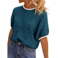 thumbnail image 2 of Spring Autumn Womens Puff Short Sleeve Sweater Tops Color Block Ribbed Knit Crew Neck Going Out Shirts, 2 of 6