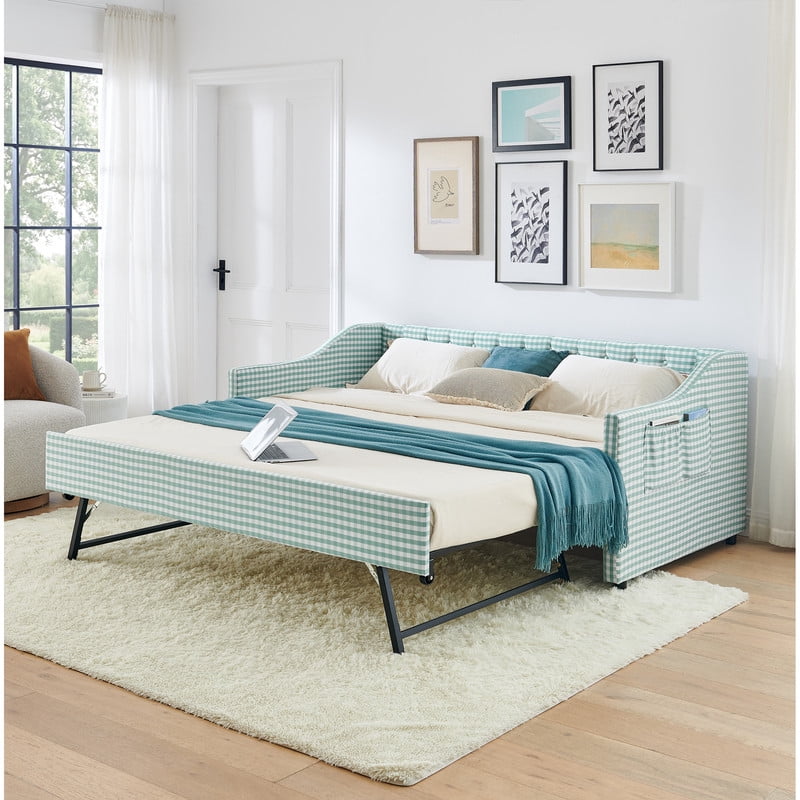 Twin Size Daybed with Pop Up Trundle, Gingham Upholstered Daybed Frame with Tufted Button Backrest and Side Storage Pocket, Modern Sofa Bed for Living Room Bedroom