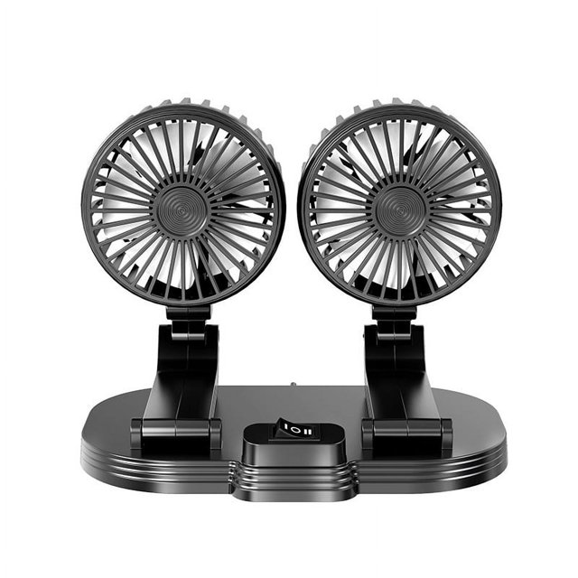 yeacher Dual Head 12V/24V USB Car Fan with 360° Rotation, 2-Speed Adjustable, Foldable Design for Front/Rear Seat Cooling, Quiet Operation, Black/White Options, FL-111-USB