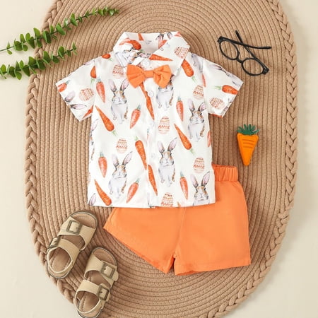 AUDeals Toddler Boys Lapel Short Sleeve Bunny Print Shirt & Shorts Set with Necktie Easter Summer Outfit Boys Fashion Casual Suit (A 2-3 Years)