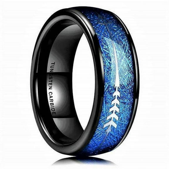 Tungsten Rings for Men Wedding Bands for Him Womens Wedding Bands for Her 8mm Arrow Dome Black Multidimensional Blue
