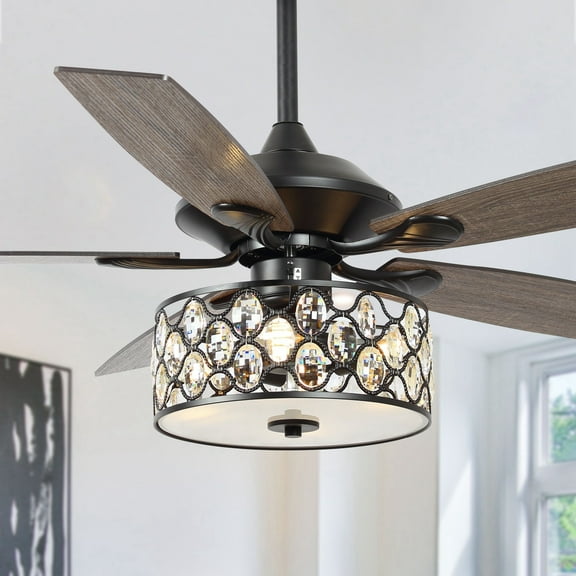 Parrot Uncle 52" Modern 4-Light Chandelier Crystal Ceiling Fan with Remote Matte Black N/A Matte