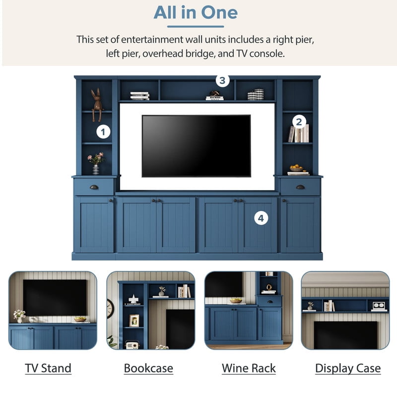 103'' W Entertainment Center Wall Unit with Bridge and Bookshelf for TVs Up to 75'', Minimalist TV Stand with Adjustable Shelves for Living Room