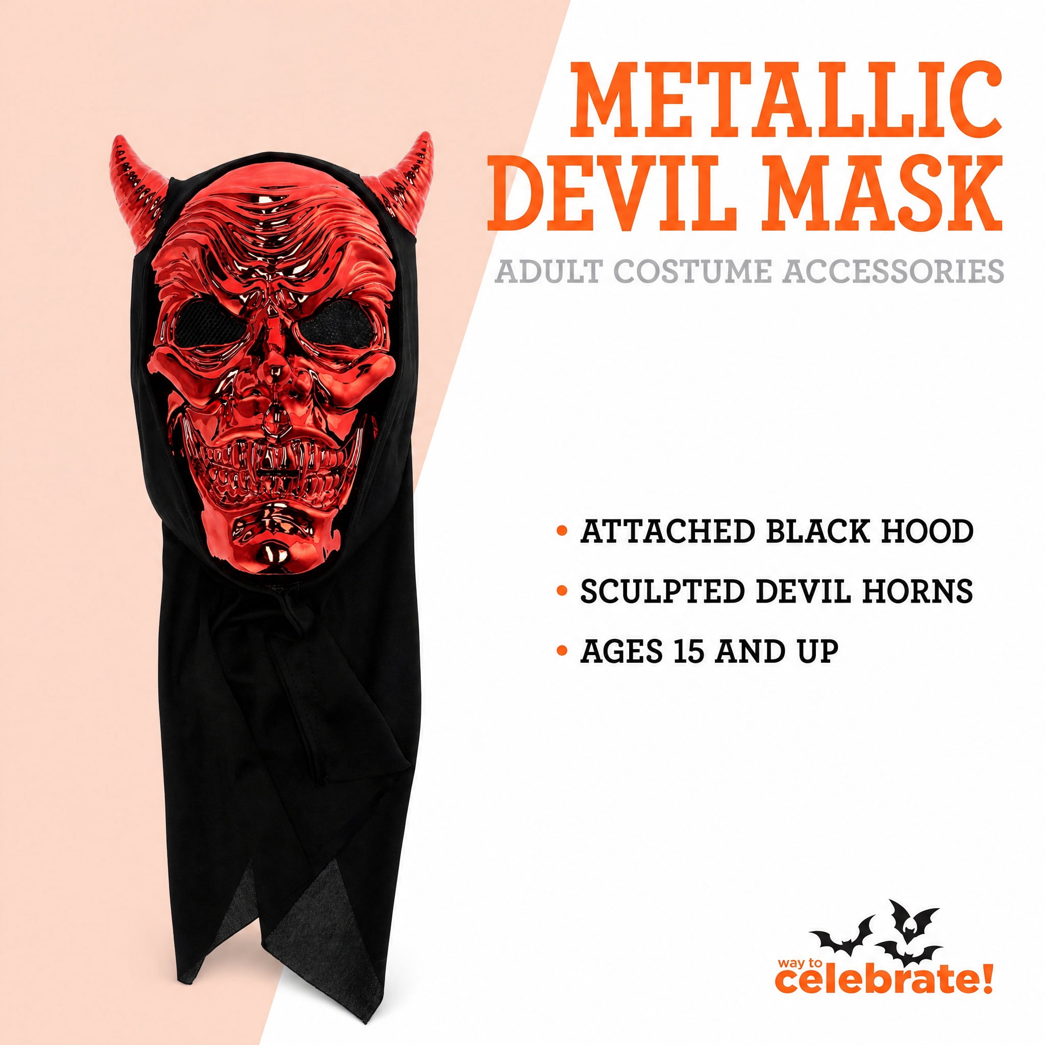 Metallic Devil Mask Costume Accessory for Adults, Red and Black, Halloween by Way To Celebrate