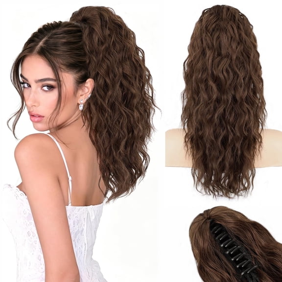 JOFMWIX Ponytail Extensions, 18 Inch Claw Clip-on Ponytail Long Wavy Synthetic Curly Hairpieces for Women and Girls (Medium Brown)