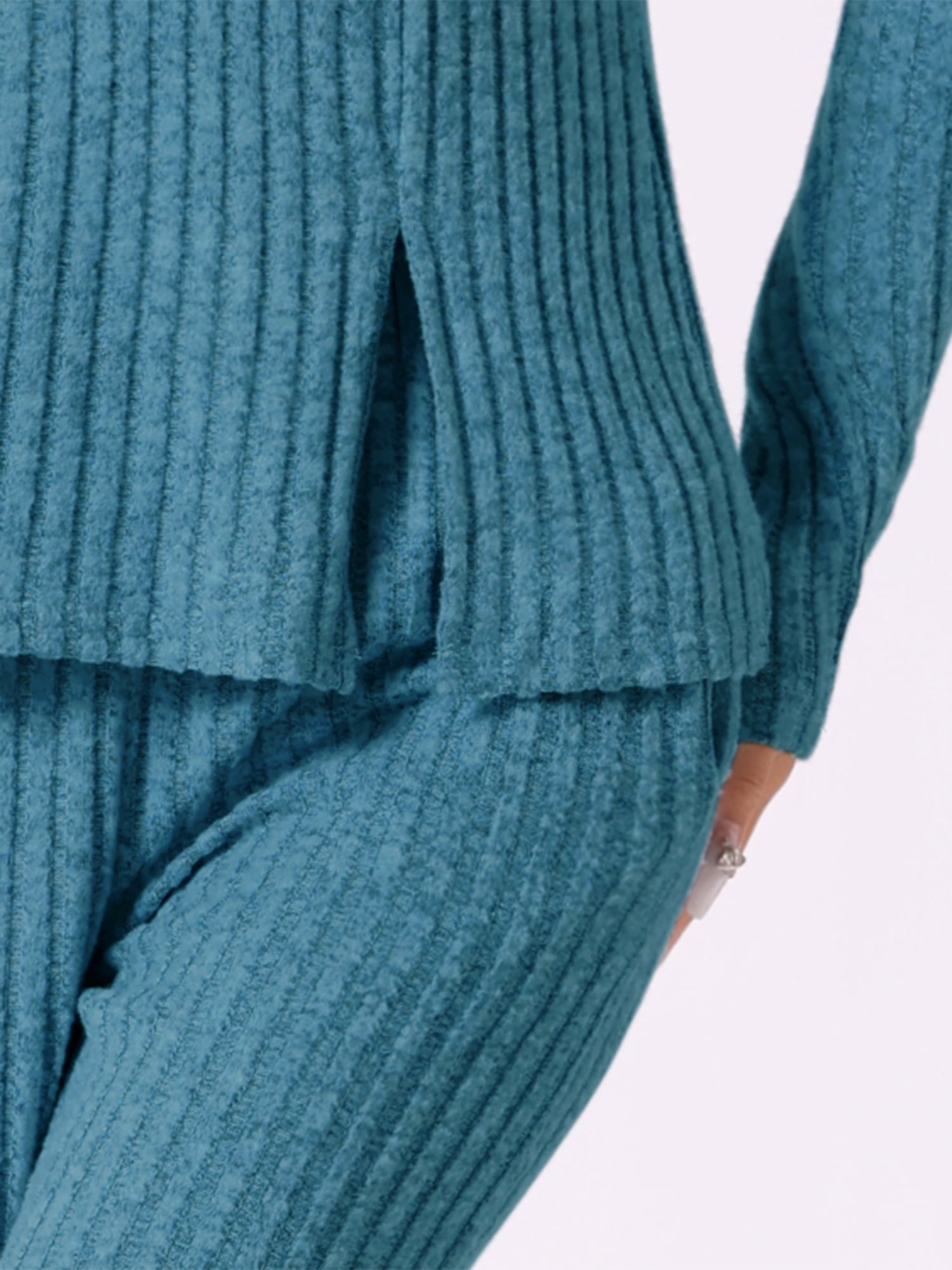 DARING DIVA Women's Knit Long Sleeve Ribbed Sleepwear Soft Crewneck Sets L Peacock Blue