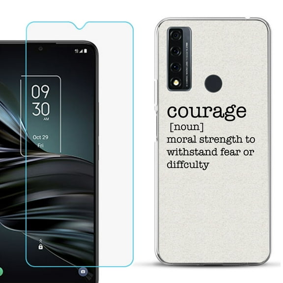 Slim-Fit Fashion Phone Case for TCL 20 XE, with Tempered Glass Screen Protector, by OneToughShield ® - Dictionary/Courage
