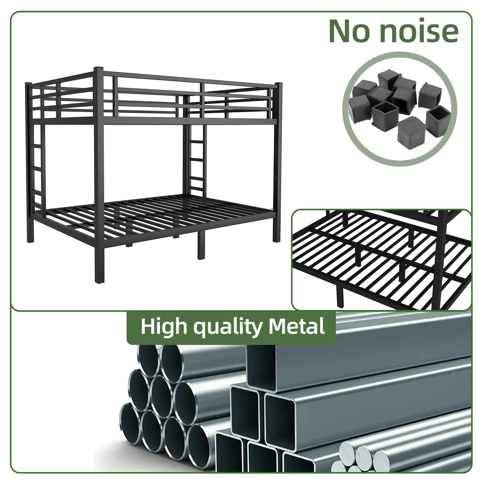 Miniyam Queen over Queen Metal Bunk Bed, Heavy-Duty Steel Frame for Adults with Safety Guardrails, Black