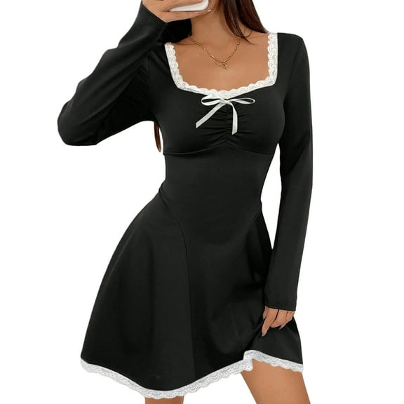 Fall Long Sleeve Mini Dress Lace U Neckline Tie A Line Cute Casual Short Party Dresses for Women Black XL