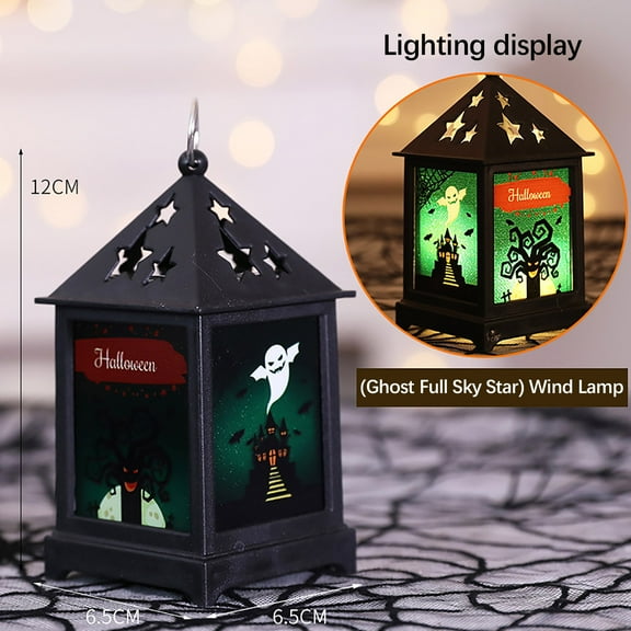 5.1-Inch LED Light Up Black Wood & Metal Halloween Candle Lantern with Pumpkin Ghost Silhouette, Orange Panes and Timer – Indoor Outdoor Lighted Decorative Hanging Tabletop Home Decor