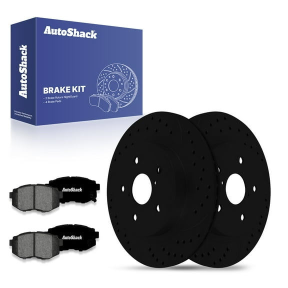 AutoShack Rear Drilled & Slotted Brake Rotors Premium Ceramic Brake Pads | Replacement for 2022-2023 Subaru WRX 2.4L AWD | Black E-Coated | 6–PC Brake Kit | NightGuard