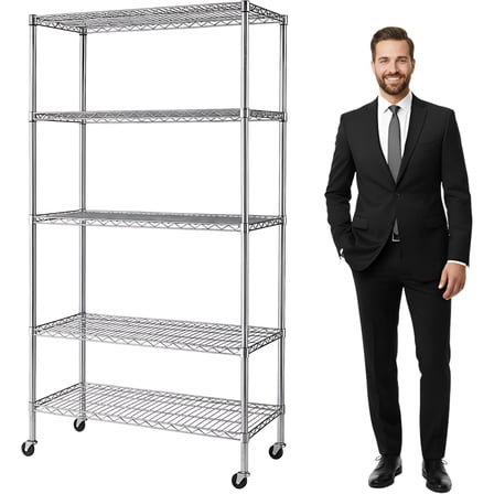 5-Tier NSF-Certified Steel Storage Shelves Rack - Garage Shelving Heavy Duty Metal Shelves for Storage - Adjustable Wire Shelving Unit w/ Wheels Shelf Commercial Shelving for Garage, Kitchen & Office