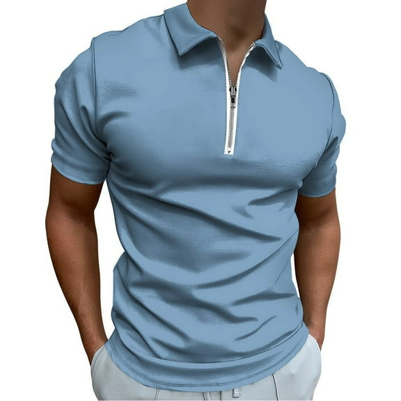 Gray Blue Men Zipper T-shirt Summer Casual Short Sleeve T-shirt Top