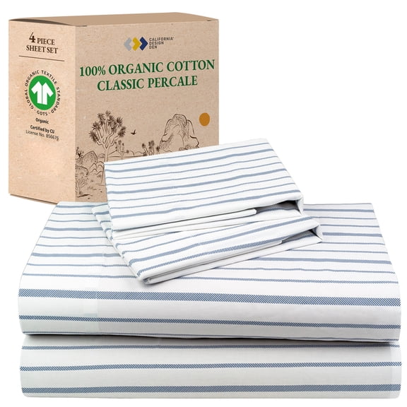 California Design Den 4-Piece Printed Full Size Sheets Set - 100% Organic Cotton Percale, Deep Pocket - Blue Stripe