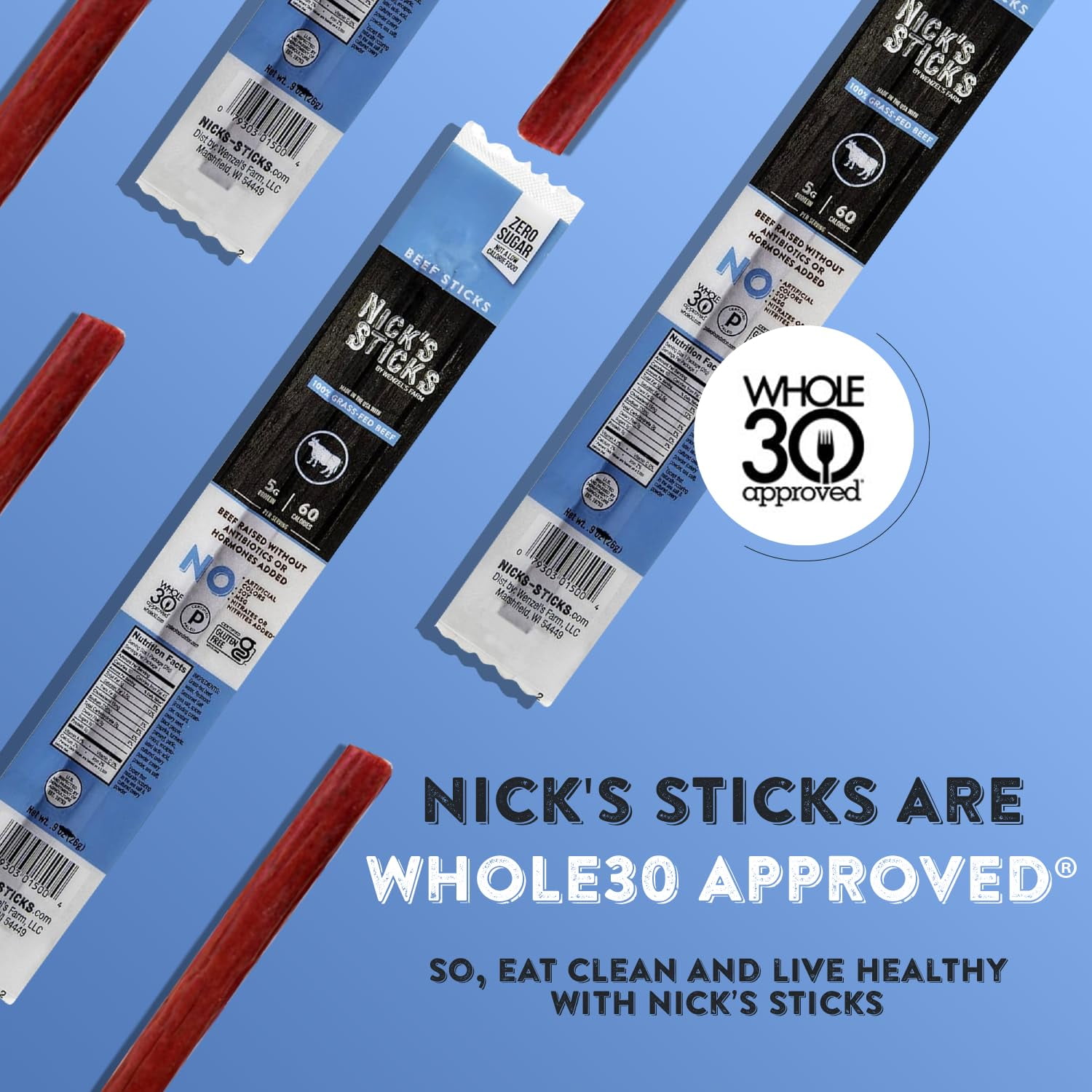 Nick’s Sticks Grass-Fed Beef Snack Sticks, Gluten Free, Keto Certified, Paleo and Whole30 Approved, No MSG, High Protein Low Carb, 12 Pack (0.9 oz Each)