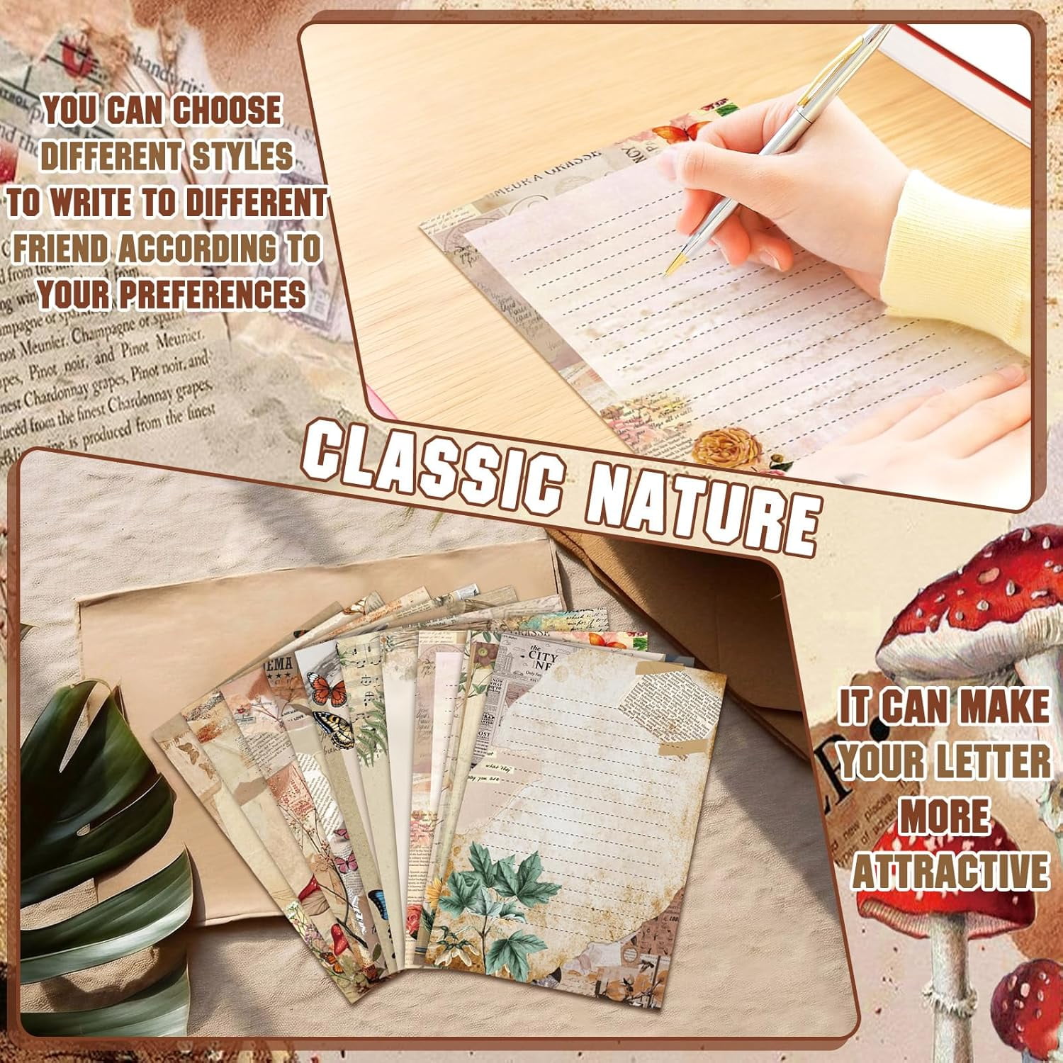 160-piece stationery paper set, 50 double-sided stationery papers with 50 matching envelopes and 60 dot stickers, 10 designs (natural vintage style, 5.5 x 8.25 inches)