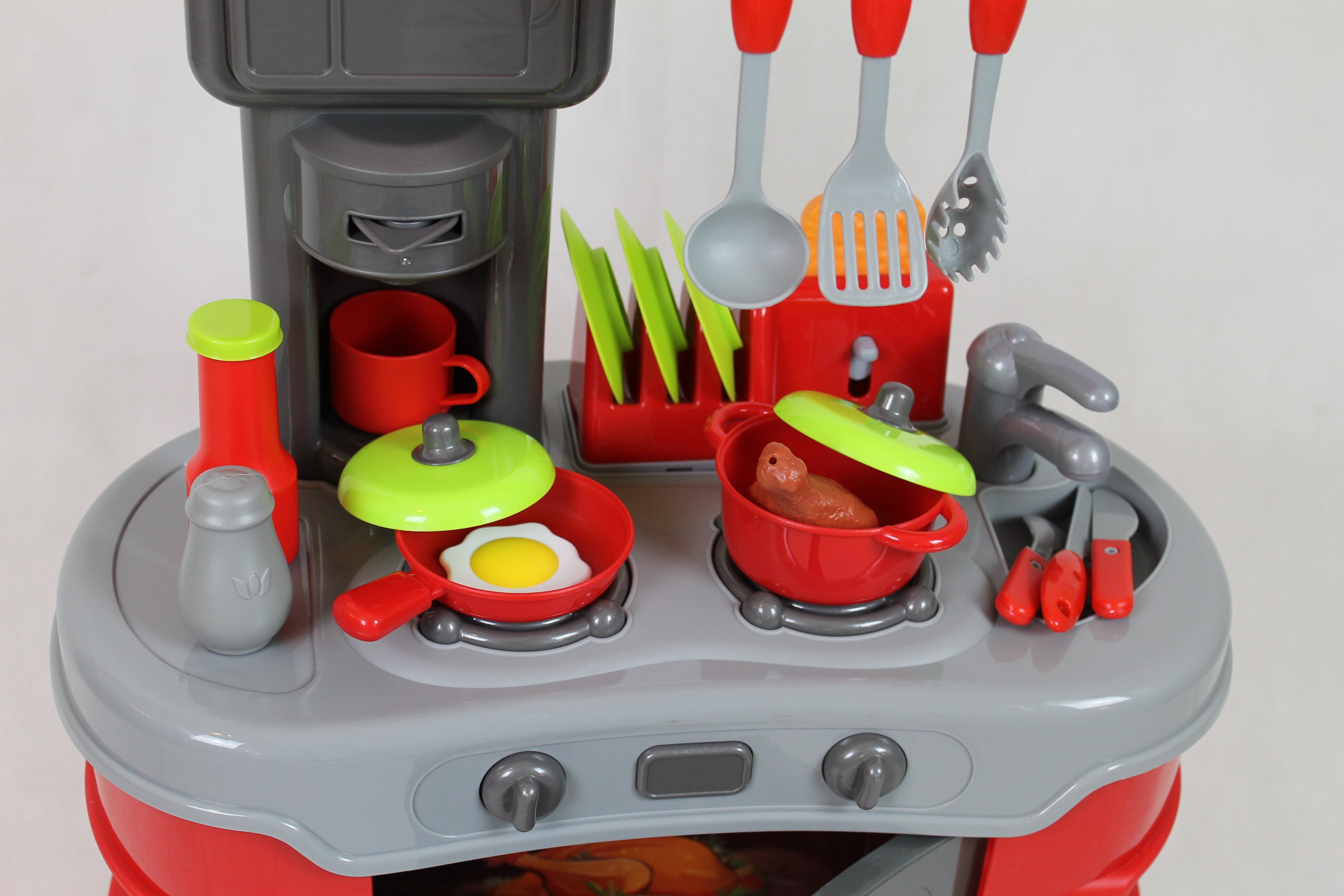 Kitchen Set Red with Sound and Light Cooking Toys w Cookware and Plastic  Food 33 Pcs! 