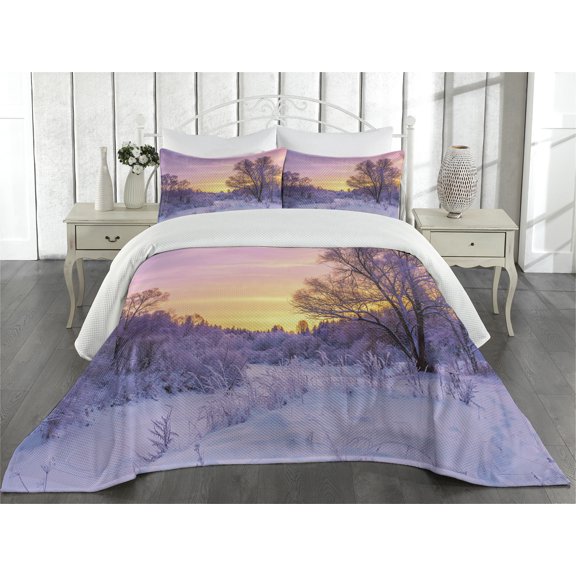 Ambesonne Winter Quilted Bedspread Set 3 Pcs, Landscape with Sunset, Queen Size, Pink White