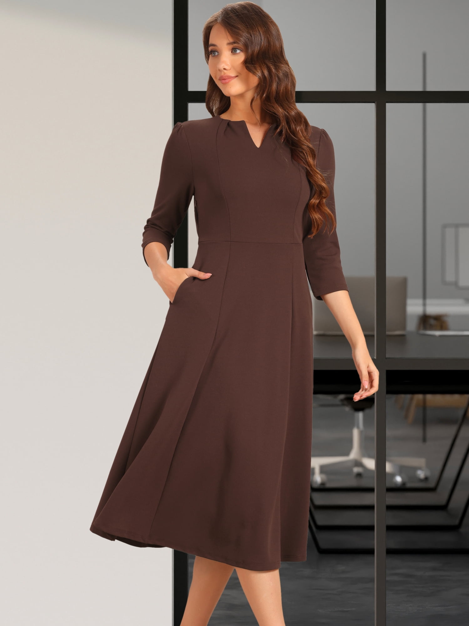 DARING DIVA Work Office Elegant 3/4 Sleeve V Neck A-Line Dress M Dark Brown