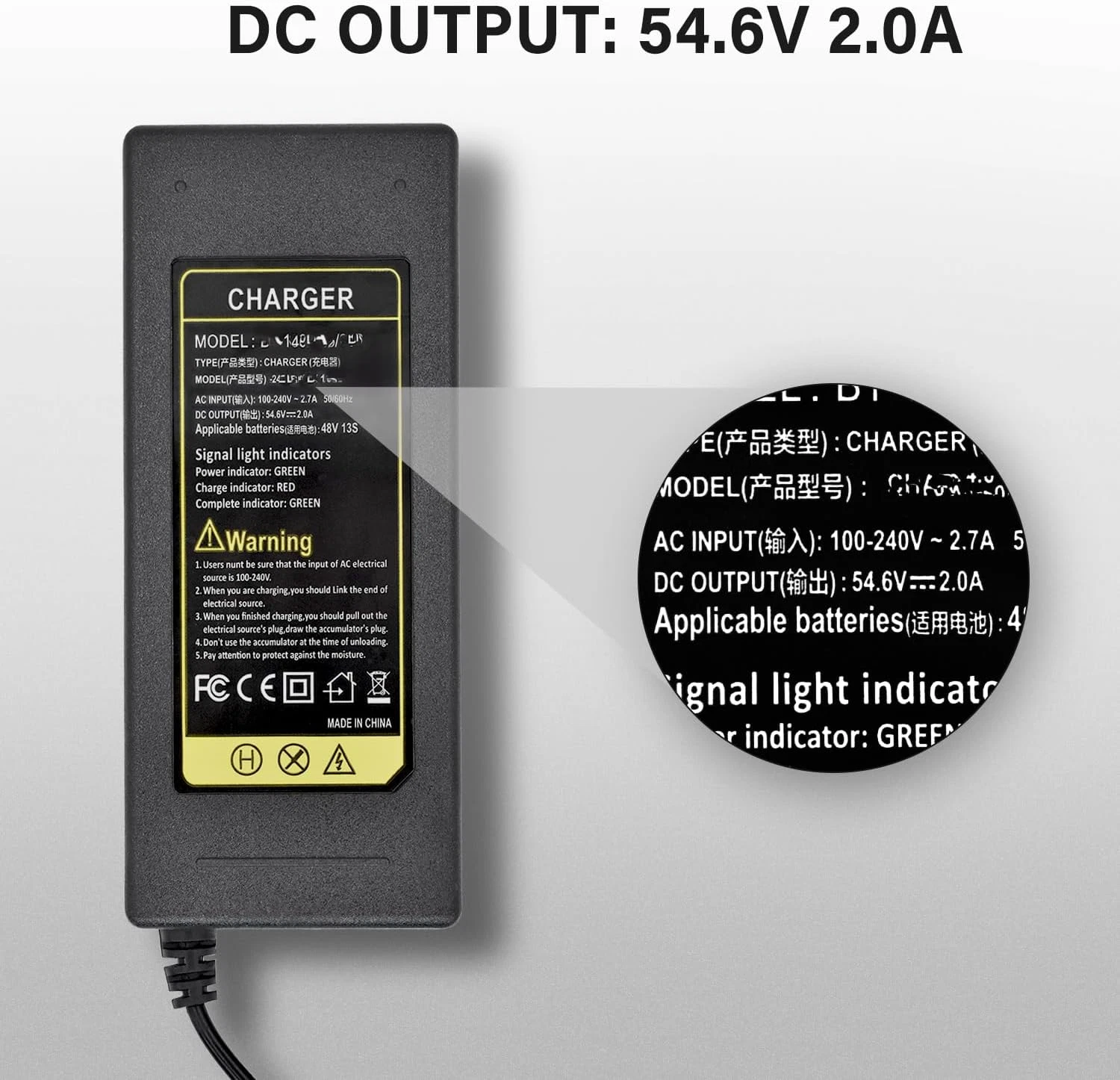 54.6V 2A Fast Battery Charger with 6 Plugs for 13S 48V Lithium Battery