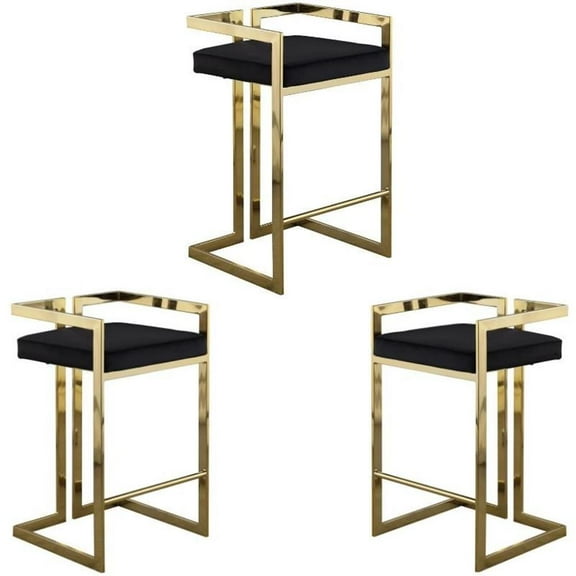 Home Square 2 Piece Velvet Counter Stool Set with Gold Metal Base in Black
