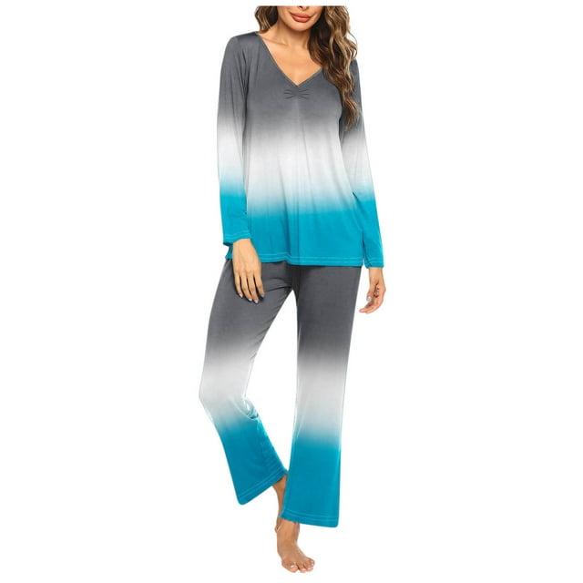 Timegard Ensembles de Pyjamas pour Femmes 2 Pcs Confortables Couleur Dégradée Manches Longues Col en V Haut et Pantalon Tenues de Pyjamas
