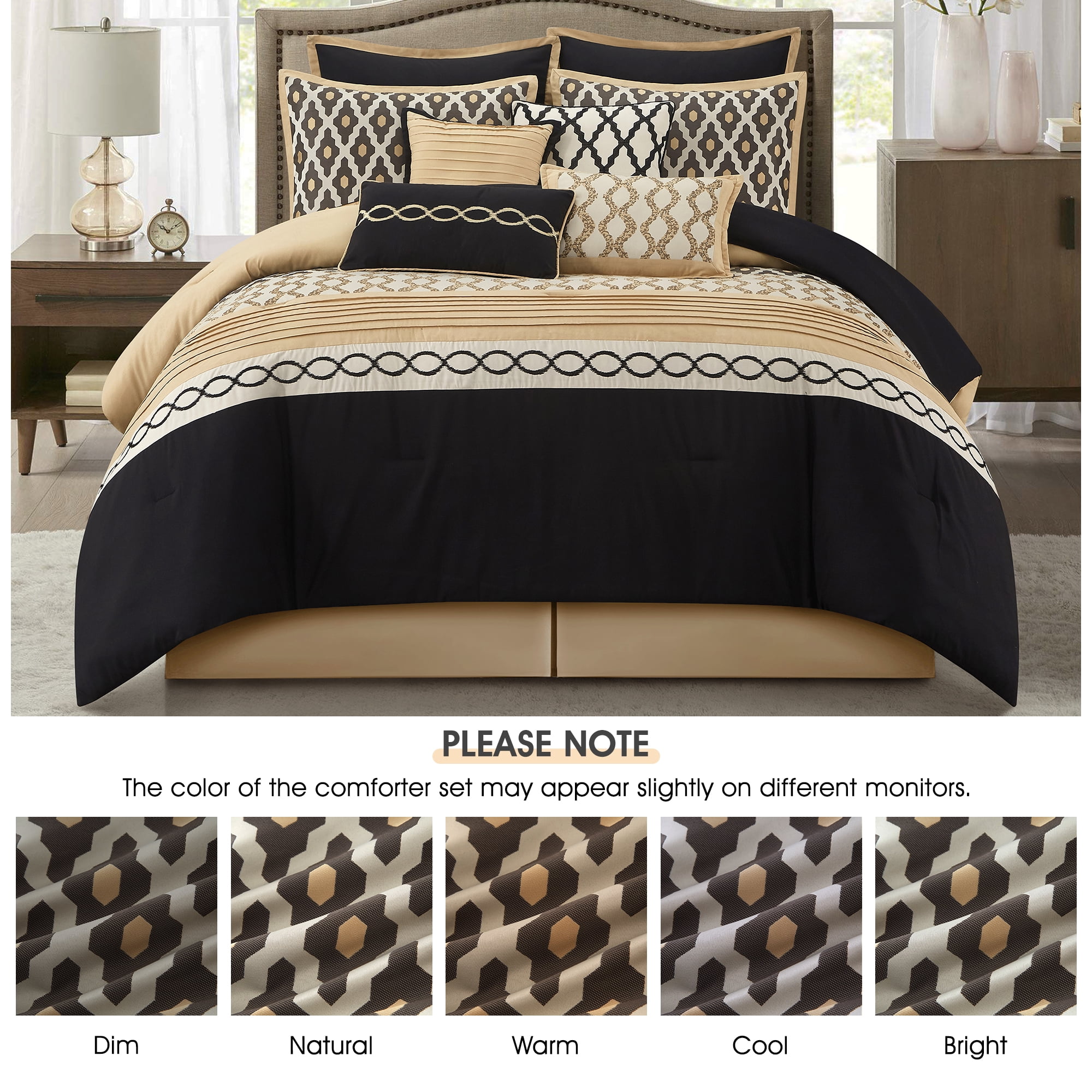 Lanco Geometirc Queen Black Gold Comforter Set, 10 Piece, Jacquard Bedding Comforters & Sets, Bedskirt, Pillows & Shams, Ultra-Soft