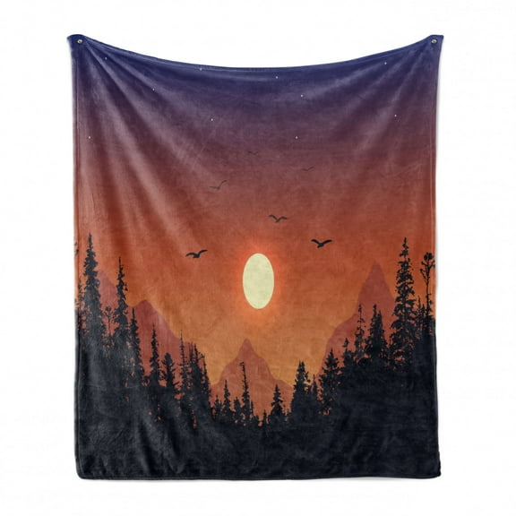 Landscape Soft Flannel Fleece Throw Blanket, Gradient Sunset on Forest Mountains, Cozy Plush for Indoor and Outdoor Use, 60" x 80", Burnt Sienna Multicolor, by Ambesonne