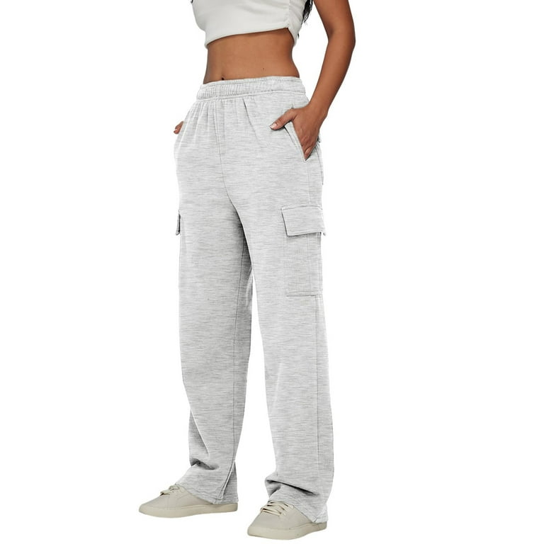 TQWQT Womens Cargo Sweatpants Cinch Bottom Fleece High Waisted Joggers  Pants Athletic Lounge Trousers with Pockets Light Gray S