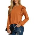 thumbnail image 2 of JWD Long Sleeve Shirts for Women Knit Tops Casual Crewneck Ruffle Tops Loose Fit Caramel-Large, 2 of 7