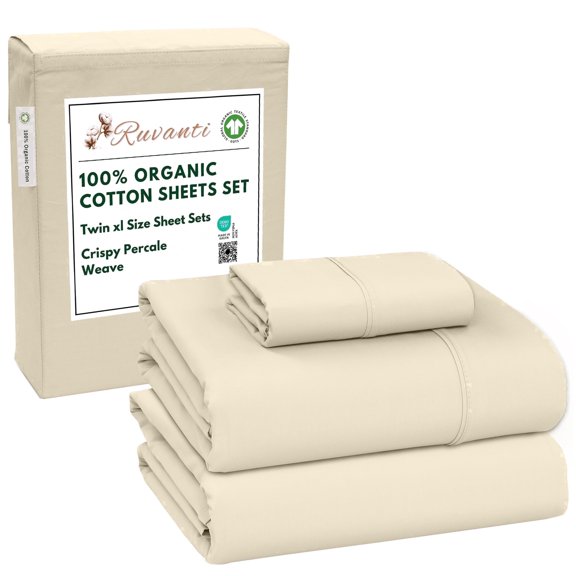 RUVANTI 100% Organic Cotton Sheets - Twin XL Sheet Sets - 3 Piece Percale Weave Bedding, Crisp, Cooling & Breathable, Soft & Durable, 16" Deep Pocket, Hotel Quality Sábanas - Cloud Cream