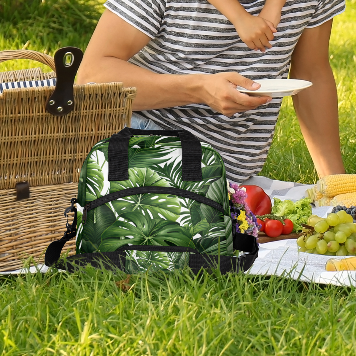 Herdesigns Tropical Green Plant Leaf Insulated Lunch Bag for Women Men Adults Large Reusable Lunch Box Botanical Jungle Design Leakproof Cooler Tote Bags with Adjustable Shoulder Strap