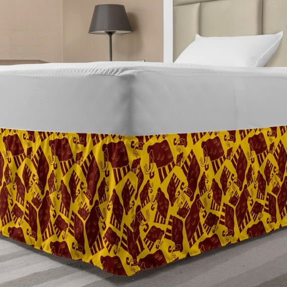 Animal Bed Skirt, Prehistoric Creature Pattern with Giant Jurassic Mammoth Repetition, Elastic Bedskirt Dust Ruffle Wrap Around for Bedding Decor, 4 Sizes, Earth Yellow Burgundy, by Ambesonne