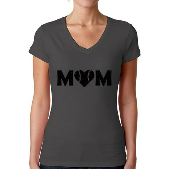 Awkward Styles Women's Baseball Mom Heart V-neck T-shirt Black Sport Mom's Heart