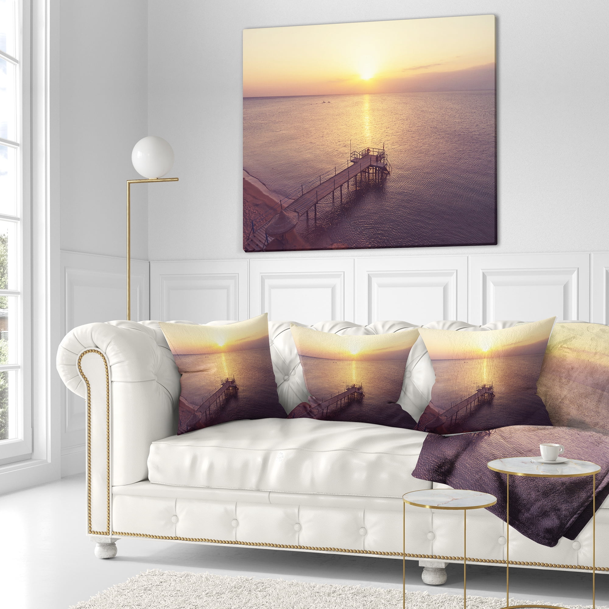 Designart Boardwalk over the Beach at Sunset - Bridge Throw Pillow - 16x16