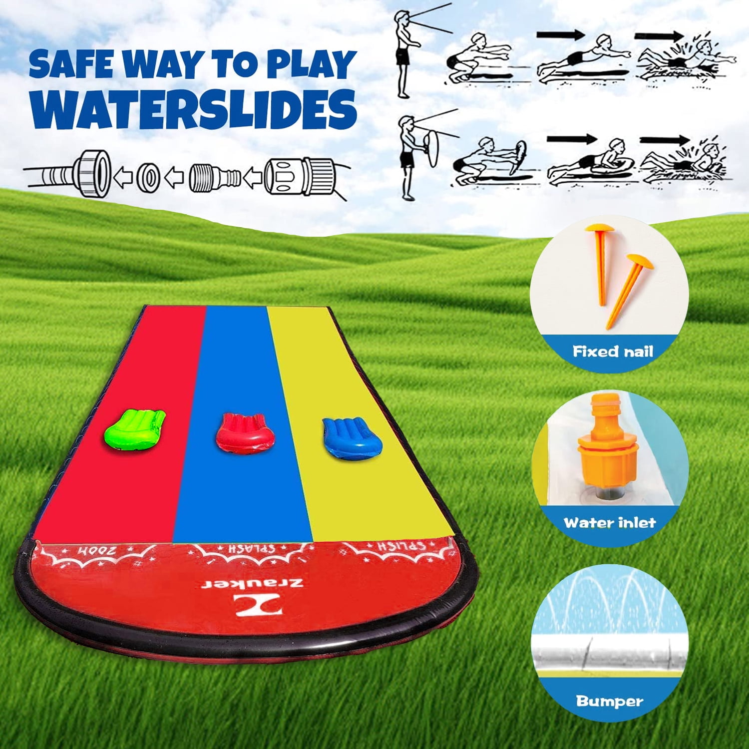 ALLJOY 16*7ft Three Water Slide for Adult Kids, Heavy Duty Lawn Water Slide with Sprinkler and 3 Slip Inflatable Boards for Summer Yard Lawn Outdoor Water Play Activities