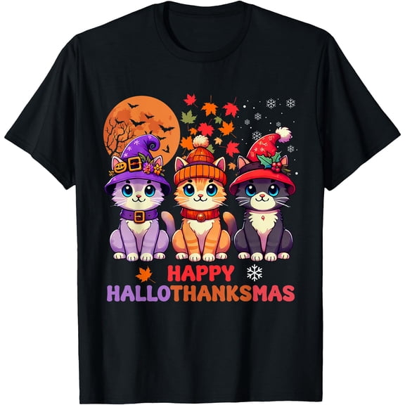 Hot Trending Kiraa Tee With Thanksgiving Christmas Happy Hallothanksmas Cats Unisex S-5Xl T-Shirt