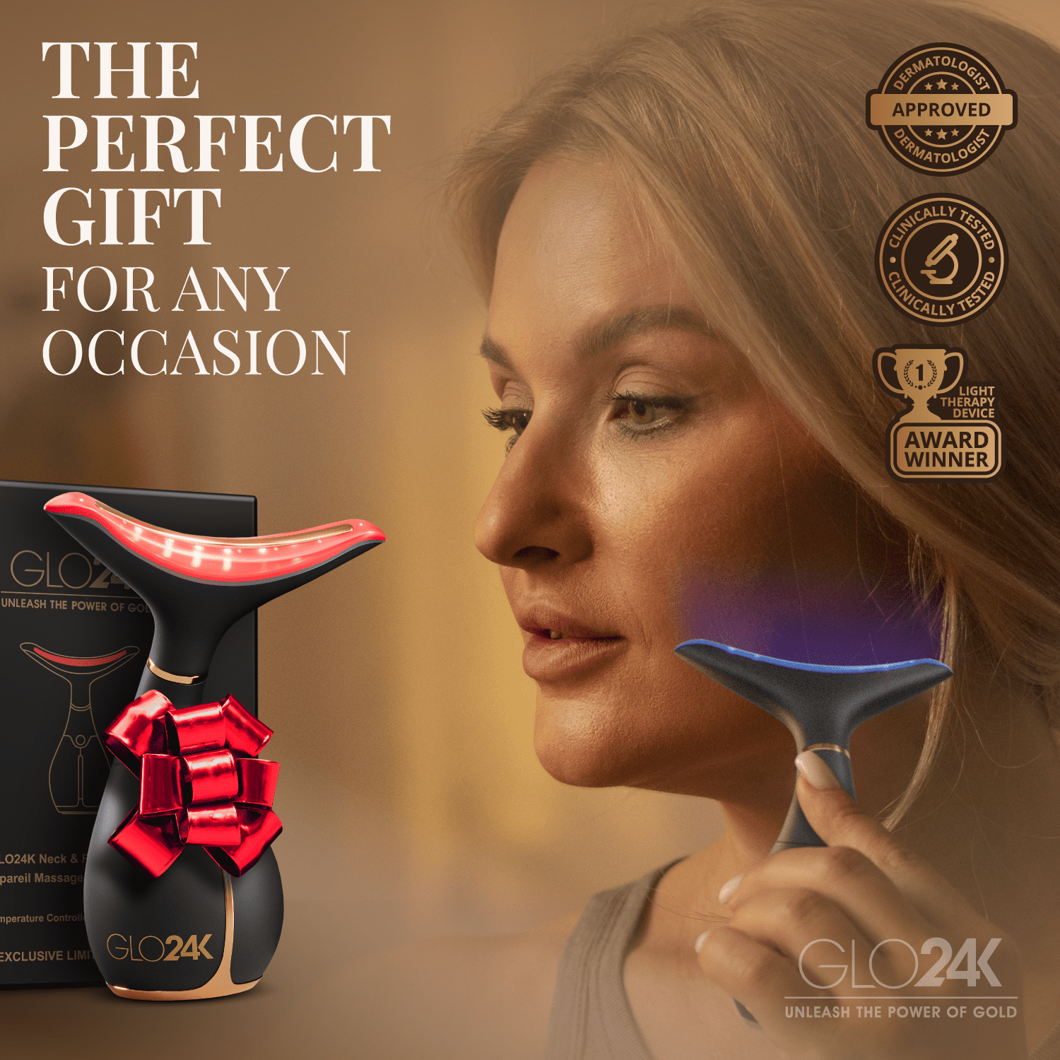GLO24K 3-in-1 LED Light Therapy Face & Neck Massager, Anti-Aging Skin Tightening Device with Red Light, Vibration & Thermal Technology for Wrinkles, Firming & Radiant Skin