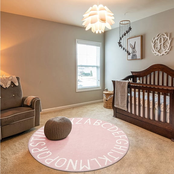 Round Kids Play Rug Alphabet Nursery Area Rug Extra Large Soft Crawling Play Mat for Children Toddlers Bedroom (47 inch, Pink)