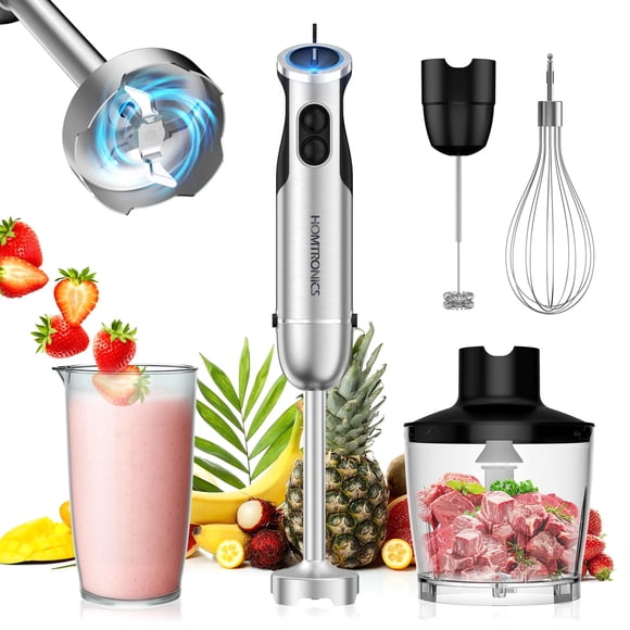 Batidora de Inmersión 5 en 1, 1000W, 12 Velocidades, Acero Inoxidable 304, Homtronics Batidora de Mano Multiusos de Alta Potencia, Incluye Tazón Picador y Accesorios para Batidos