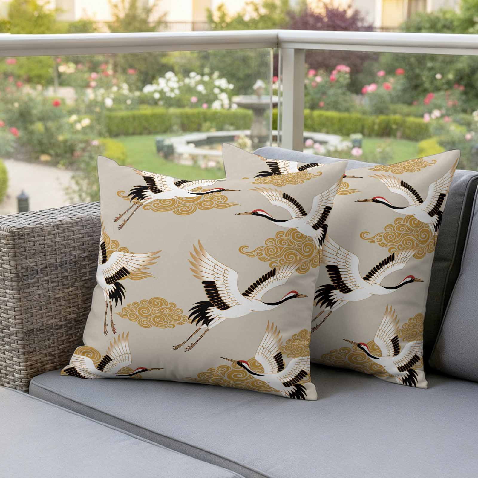 White Crane Outdoor Waterproof Throw Pillow Covers 16x16 Set of 2, Golden Chinese Auspicious Clouds Vintage Beige Pillowcases Cushion Pillowcase for Couch Sofa Patio Outside Pillow Protector