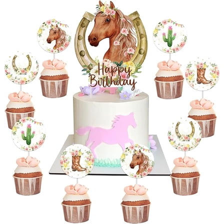 25pcs Cake Toppers - Girls Western Cowgirl Cupcake Toppers with Horse Boots for Racing Birthday Cake Decorations