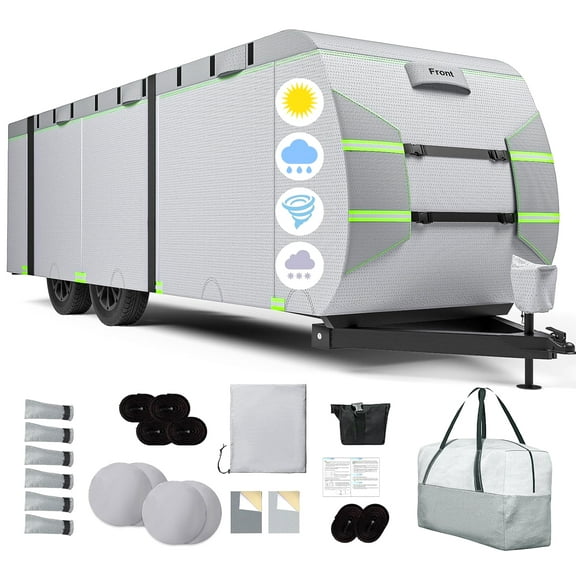 SHELTUSE RV Cover for 27-30FT Travel Trailer Cover Upgraded 7 Layers Heavy Duty Top Camper Cover Windproof Toy Hauler Cover with Tongue Jack Cover, Green